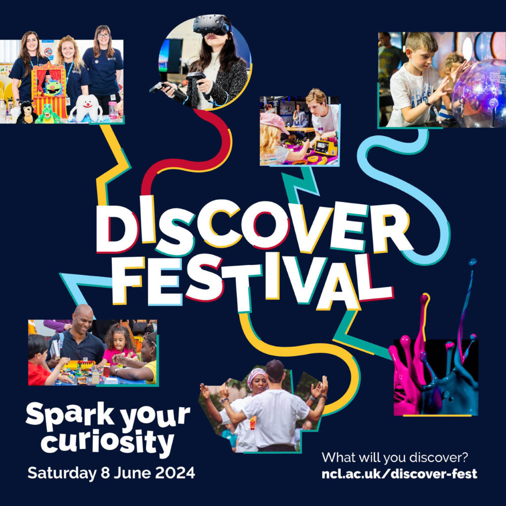Wobbly text displays the words Discover Festival. Colourful squiggly lines extend from all sides of the text. They connect with different photos of people enjoying activities at the festival, such as dance workshops and science experiments.