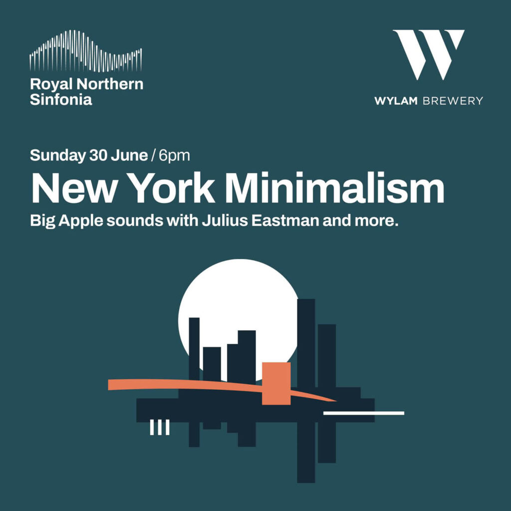 Dark blue green background overlaid with white text. The text says: New York Minimalism, Big Apple sounds with Julius Eastman and more. Below the text, there is an abstract depiction of the New York skyline made from black rectangles against a white circle.