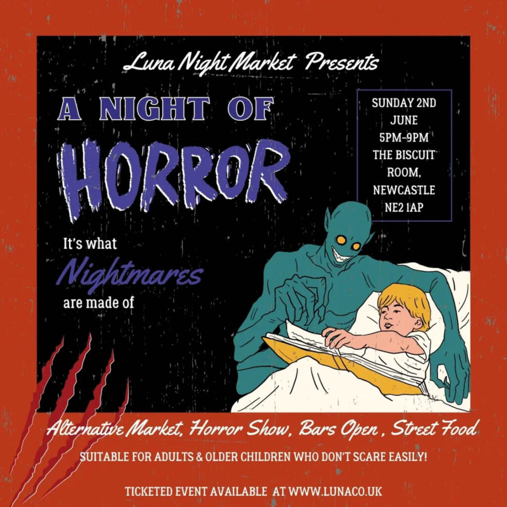 A terrifying vintage style drawing of a blue spectral like figure leaning over a little child in bed who is reading a book. Behind them is a pitch black background. Purple words say A Night of Horror - It's what nightmares are made of. It is the poster for the Luna Night Market at the Biscuit Factory.