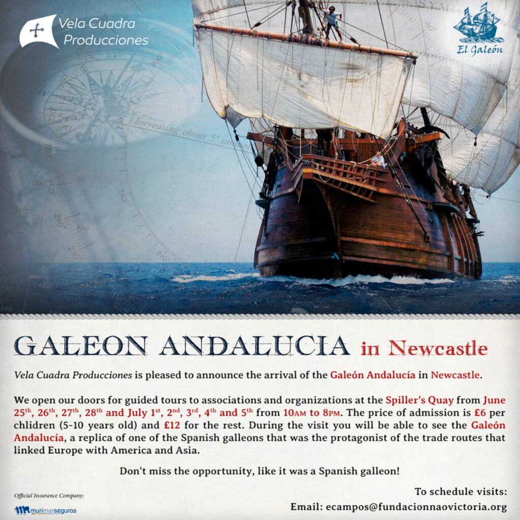 A wooden Spanish ship with many white sails cruises along the blue sea. It is the Galeon Andalucia, which will be mooring up on the river Tyne in summer 2024.