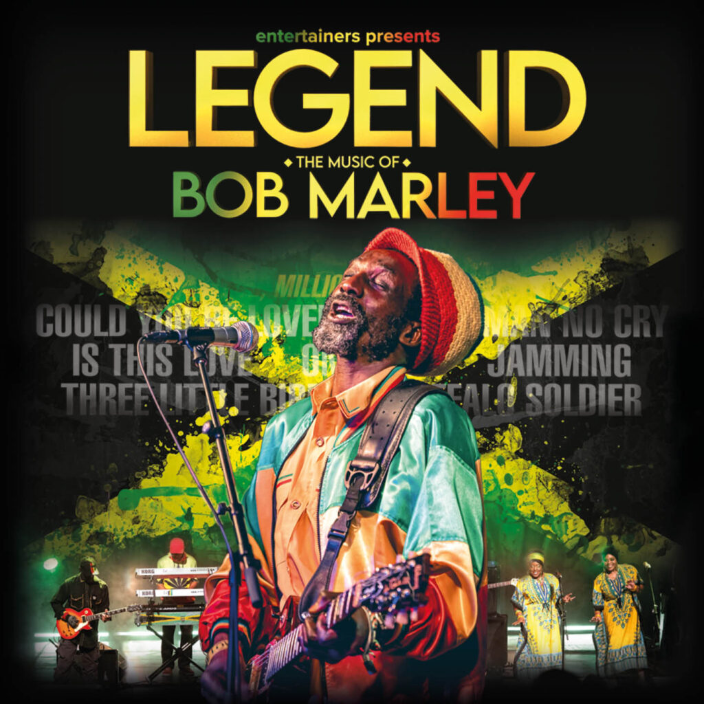 Poster featuring the main singer from the Bob Marley tribute band. He tilts his head back and closes his eyes as he sings into a microphone. A Jamaican flag is printed behind him. Above him are the words: The legend of Bob Marley.