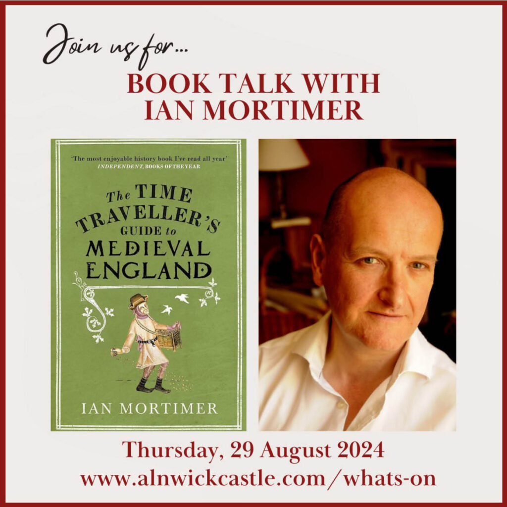 Photo of author and historian Ian Mortimer, a white bald man in a white shirt. He smiles at the camera. Next to him is a green book with the words The Time Travellers Guide to Medieval England.