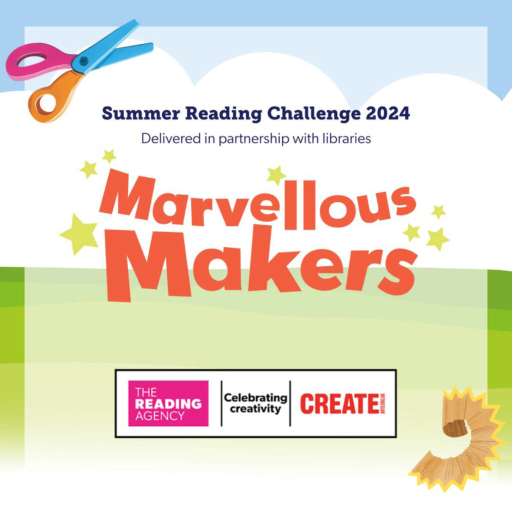 An illustrated field and blue sky sit behind the orange words Marvellous Makers. A pair of scissors and pencil shaving decorate the corners of the poster.