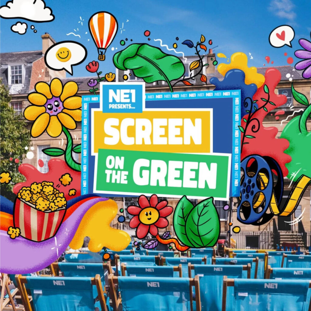 Illustrated leaves, popcorn, flowers and film reels sprout out of a screen containing the words Screen on the Green. Rows of blue deckchairs line the foreground.