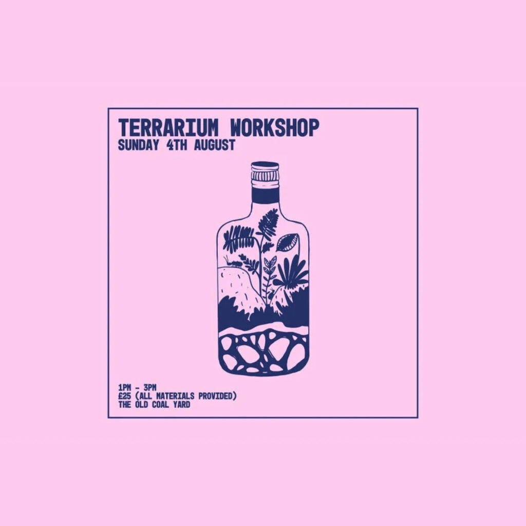 Pale pink square. In the middle of it, a dark blue illustrated bottle holds lots of plants, stones and foliage. Above it, blue text says Terrarium Workshop, Sunday 4th August.