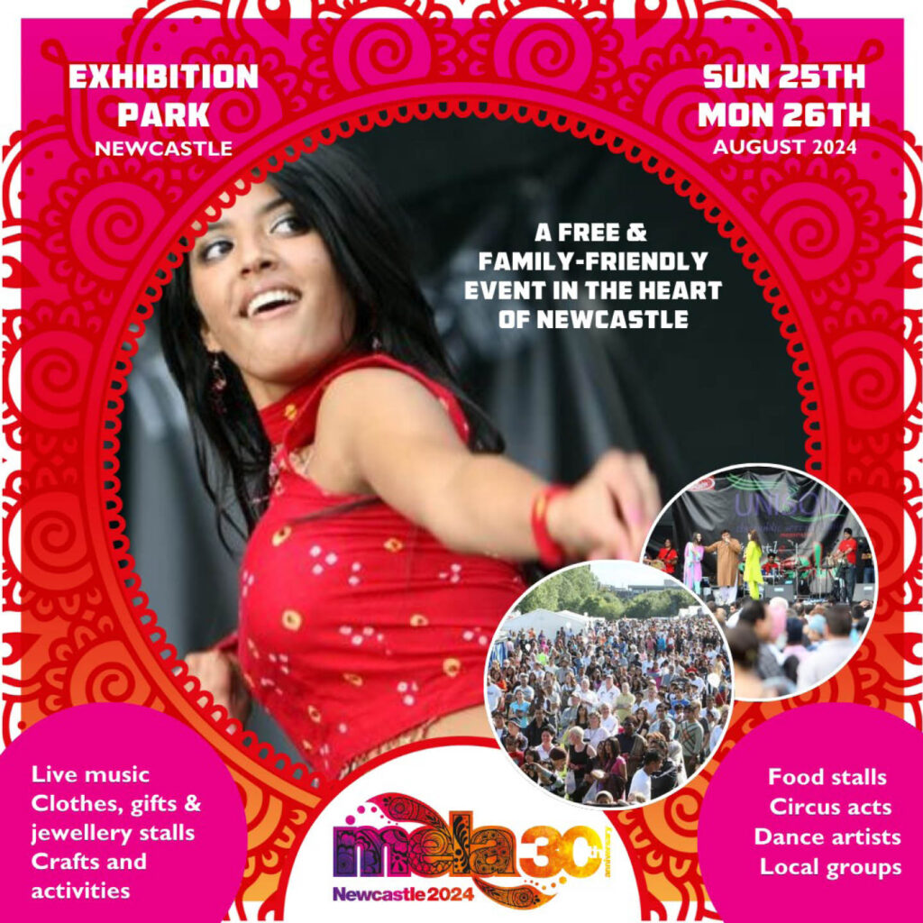 A young woman of south asian heritage dances with a smile on her face. She wears a vibrant red dress. Around this image, the poster provides more details about the Newcastle Mela on Exhibition Park.