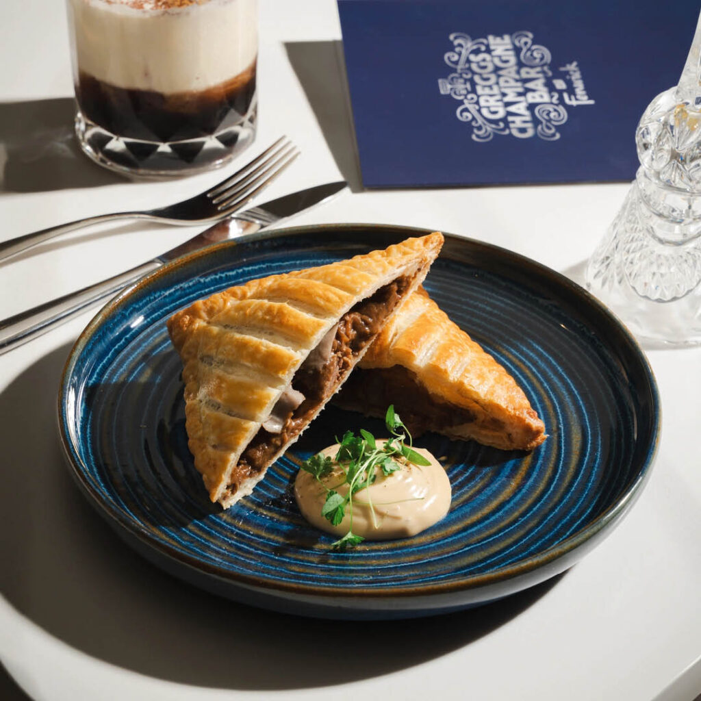 A sliced Greggs steak bake sits on a dark blue plate with a dollop of herby aioli. A blue menu lies behind it embossed with silver words Greggs Champagne Bar.