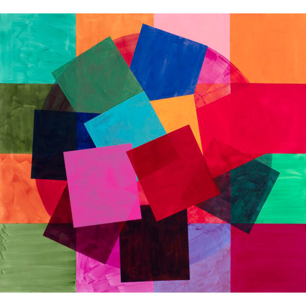 Multicoloured squares painted and layered on top of each other. This is Mali Morris's Impeller 2 acrylic painting.