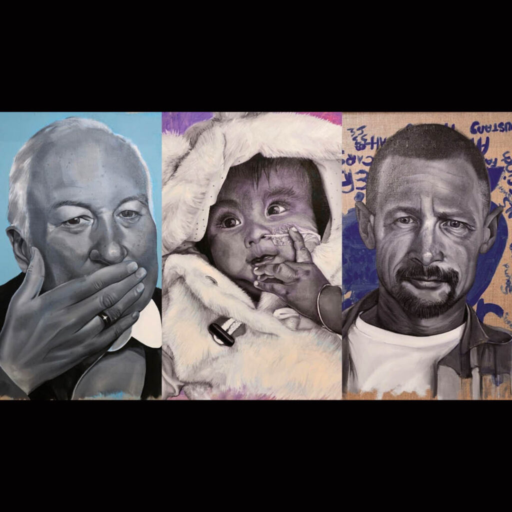 Three portraits of an older man, a baby and a young man. They are paintings by artist Leanne Pearce for the exhibition Portraits with Purpose.