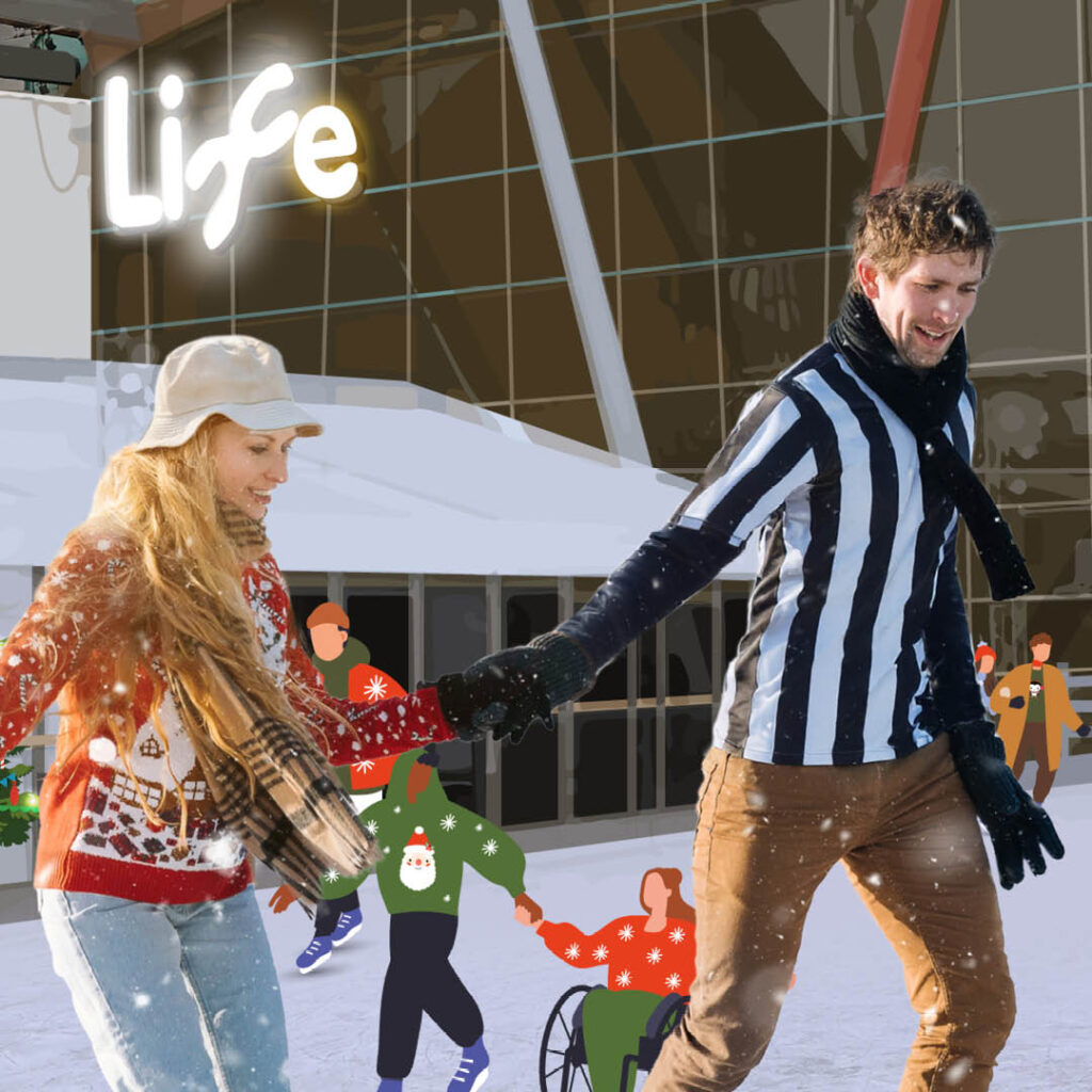A man dressed in a black and white striped football shirt and black scarf skates across the ice. He holds the hand of a blonde woman wearing a red Christmas jumper and white cap. The skate on the ice rink outside of the Life Science Centre.