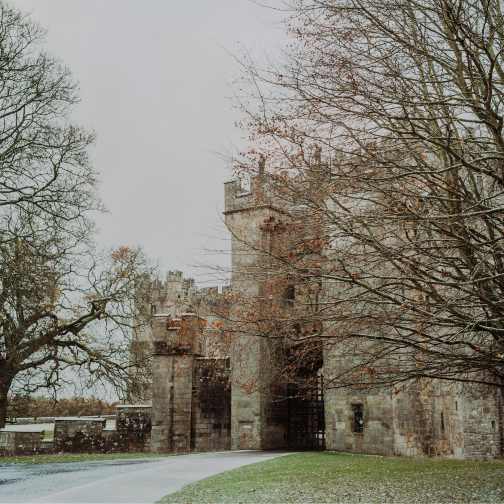 The Raby Castle is nestled next to bare winter trees and green grass on a grey day.
