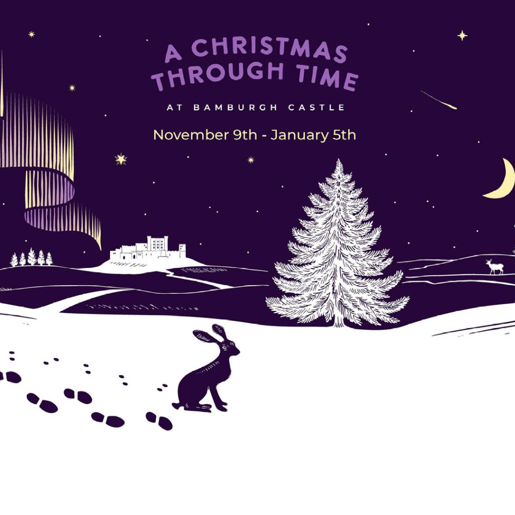 Digital illustration of snowy fields leading up to Bamburgh Castle on the horizon. A bunny leaves snowy pawprints in the foreground. Purple text in the sky says: A Christmas Through Time at Bamburgh Castle.