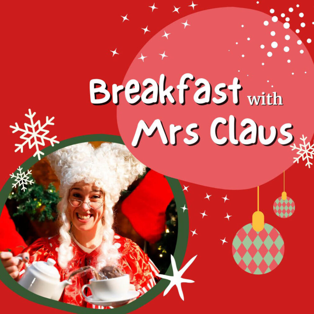 A woman wearing a big white curly wig, glasses and red Christmas jumper smiles widely as she pours tea out of a teapot. She is Mrs Claus at Seven Stories.