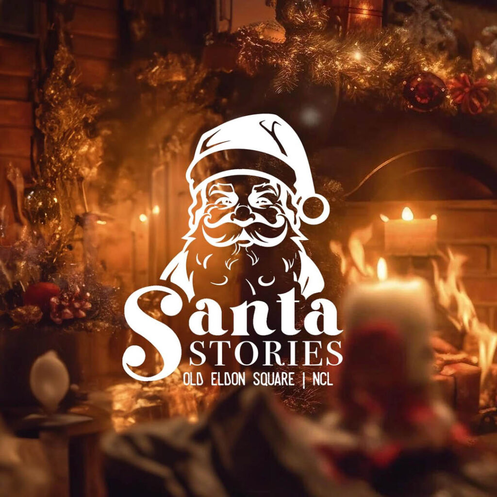 A white stencil of Santa and the words Santa Stories. They are overlaid on a image of a cosy grotto.