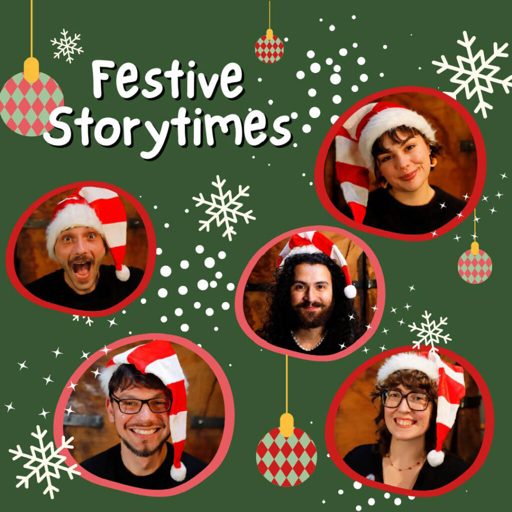 Five Seven Stories elf helpers wear red and white hats and smile at the camera. They feature on a green poster for Festive Storytimes at Seven Stories.