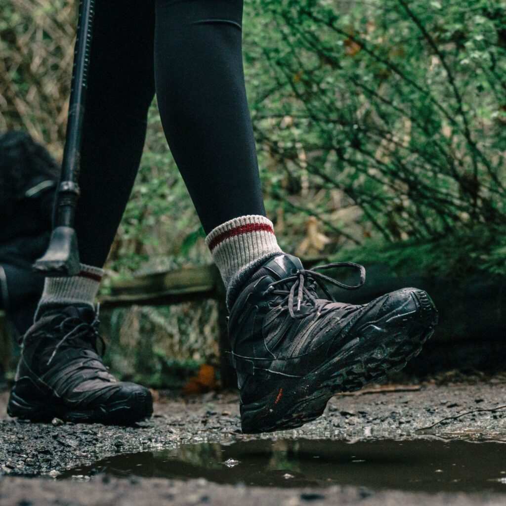 Hiking shoes walking through a forrest