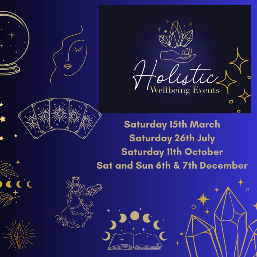 Blue background overlaid with gold illustrations of tarot cards, stars, crystals and other holistic items. A logo says: Holistic Wellbeing Events.