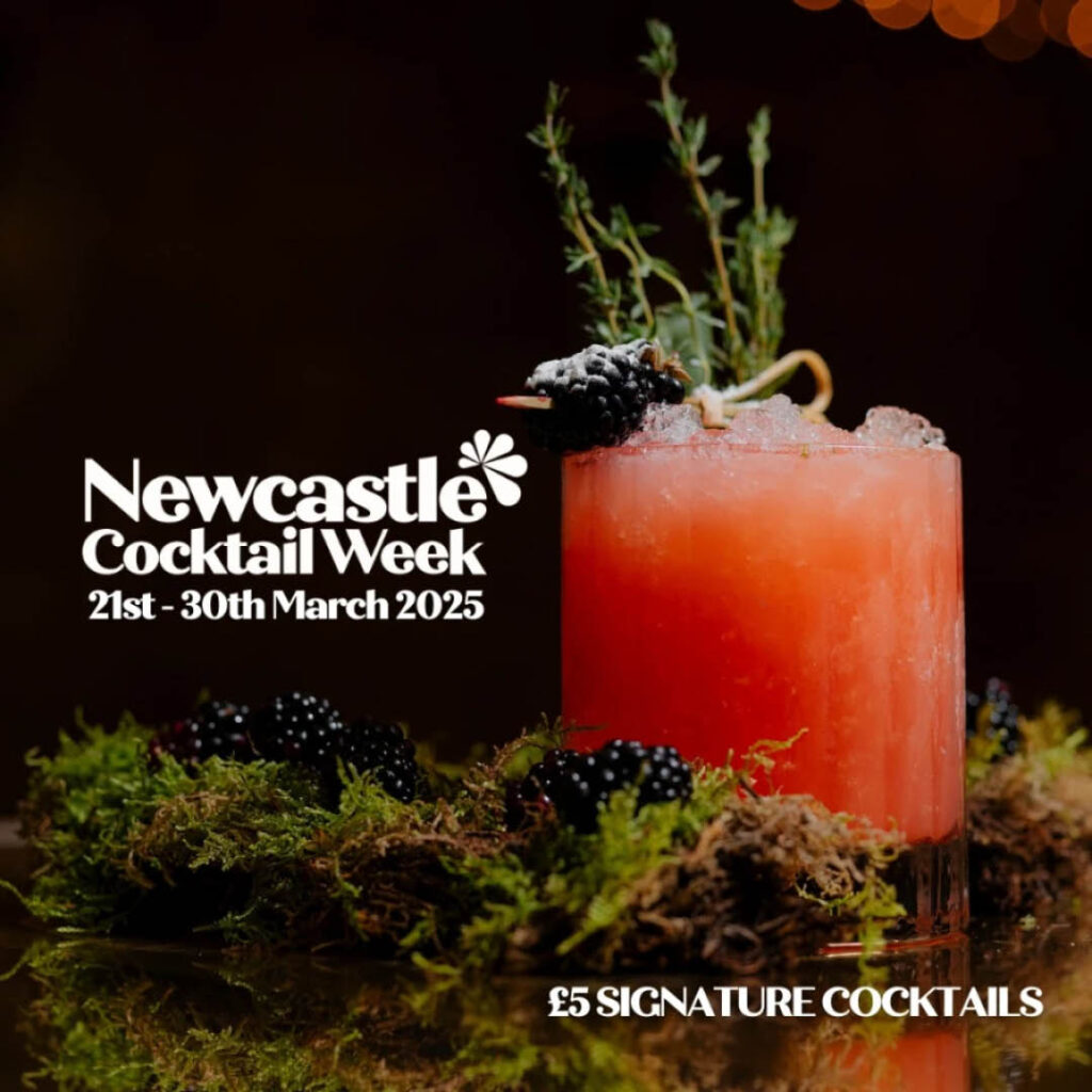 An orange cocktail in a tumbler glass is decorated with sprigs of rosemary and a sugar dusted blackberry. It sits on a bed of moss and foliage. Next to it, white text reads: Newcastle Cocktail Week, 21st to 30th March 2025.