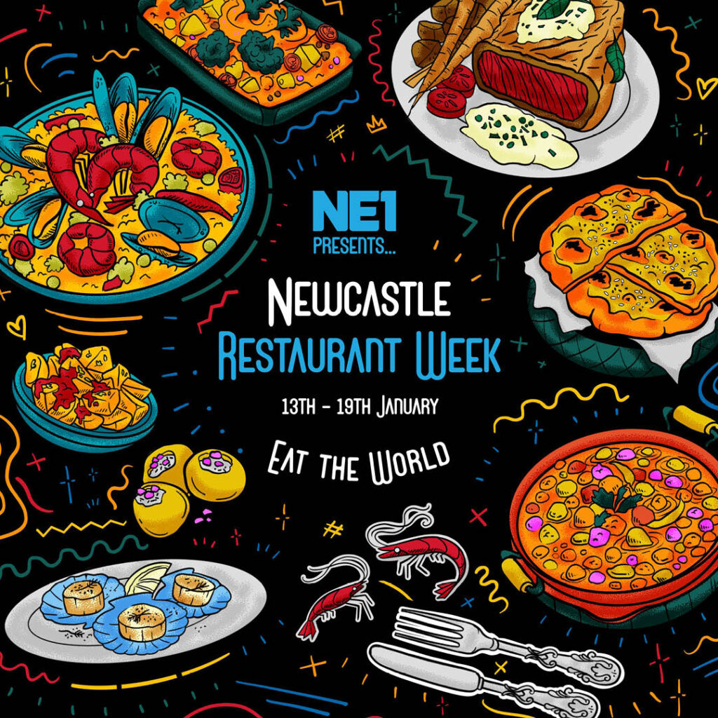 Various colourful illustrations of food cover a black background. They include a dish of paella, steak and mash, pizza, scallops, chips and more. At the centre, blue and white text says: Newcastle Restaurant Week. Eat the World.