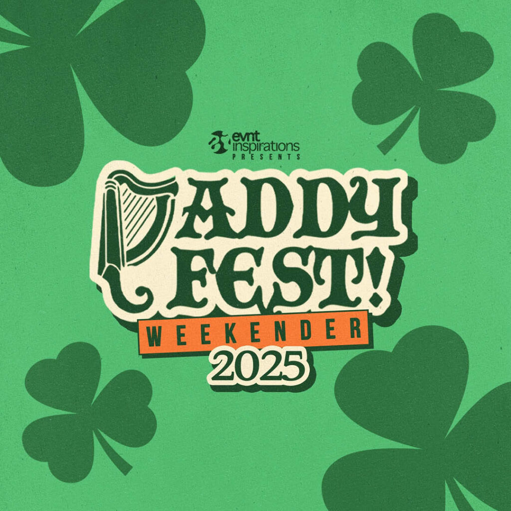 A green background with clover shapes. This is overlaid with medieval style text that says: Paddy Fest Weekender 2025.