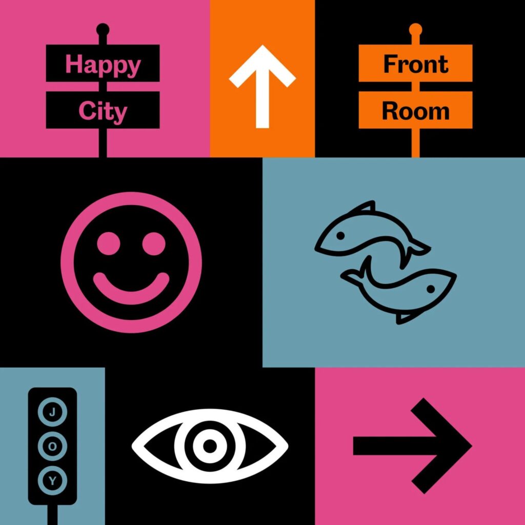 Different icons overlaid on black, blue and orange rectangles. They include two fishes, a smiley face, an eye and traffic lights.