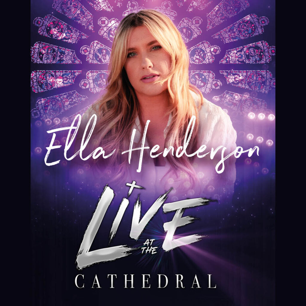 Ella Henderson looks at the camera. Behind her is the purple stained glass window of Durham Cathedral. White text says: Ella Henderson Live at the Cathedral.
