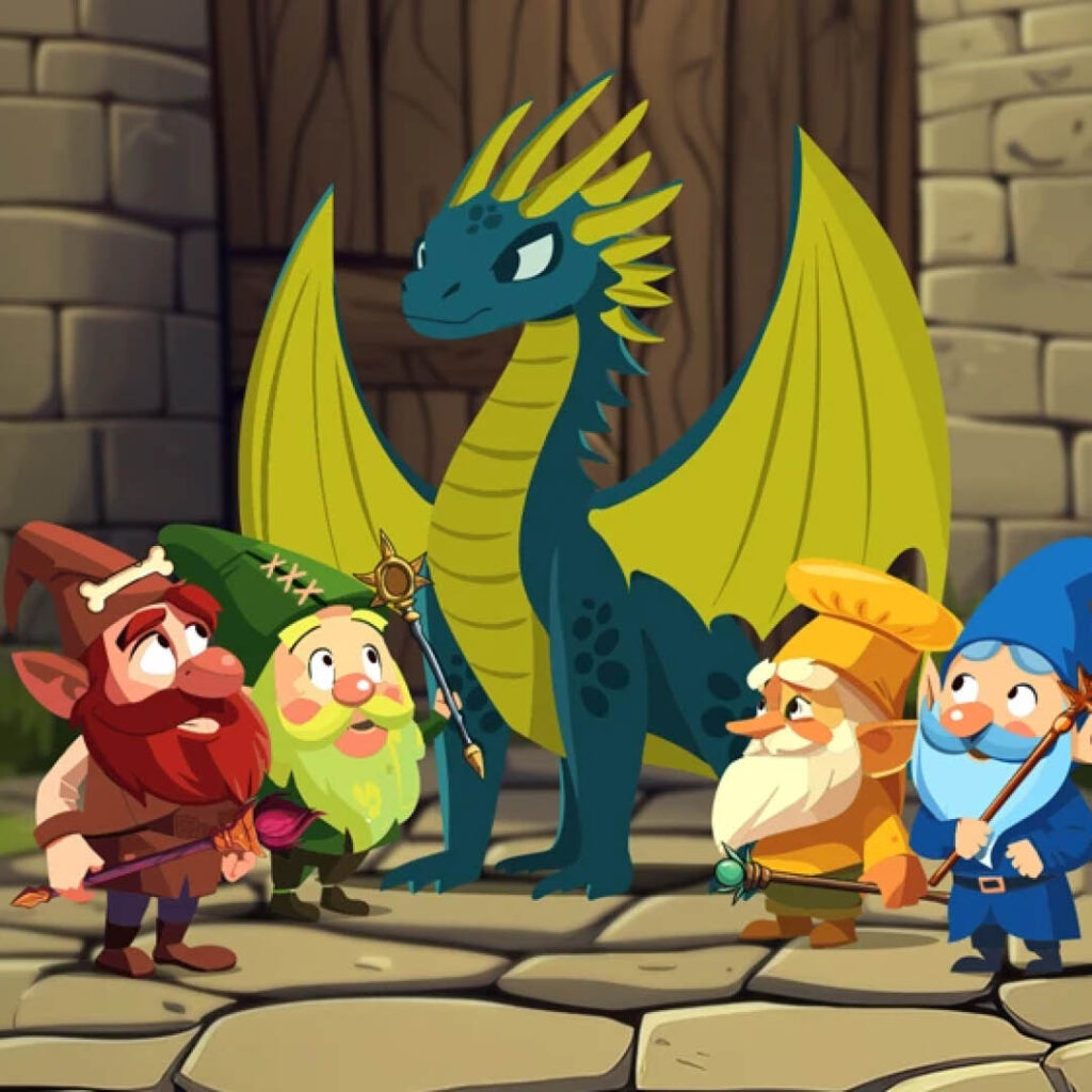 Four gnomes with red, green, yellow and blue hats and tunics gaze up at a green dragon.
