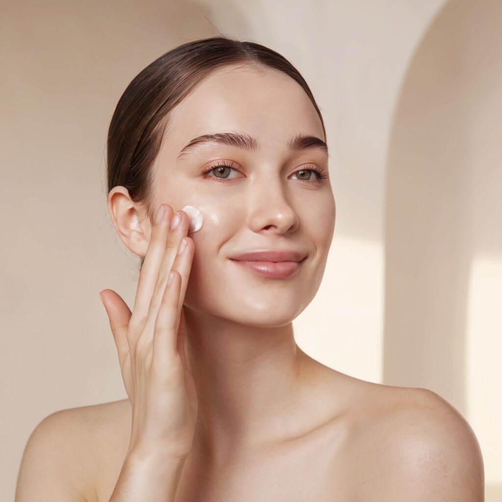 A woman is applying lotion to her face with her left hand