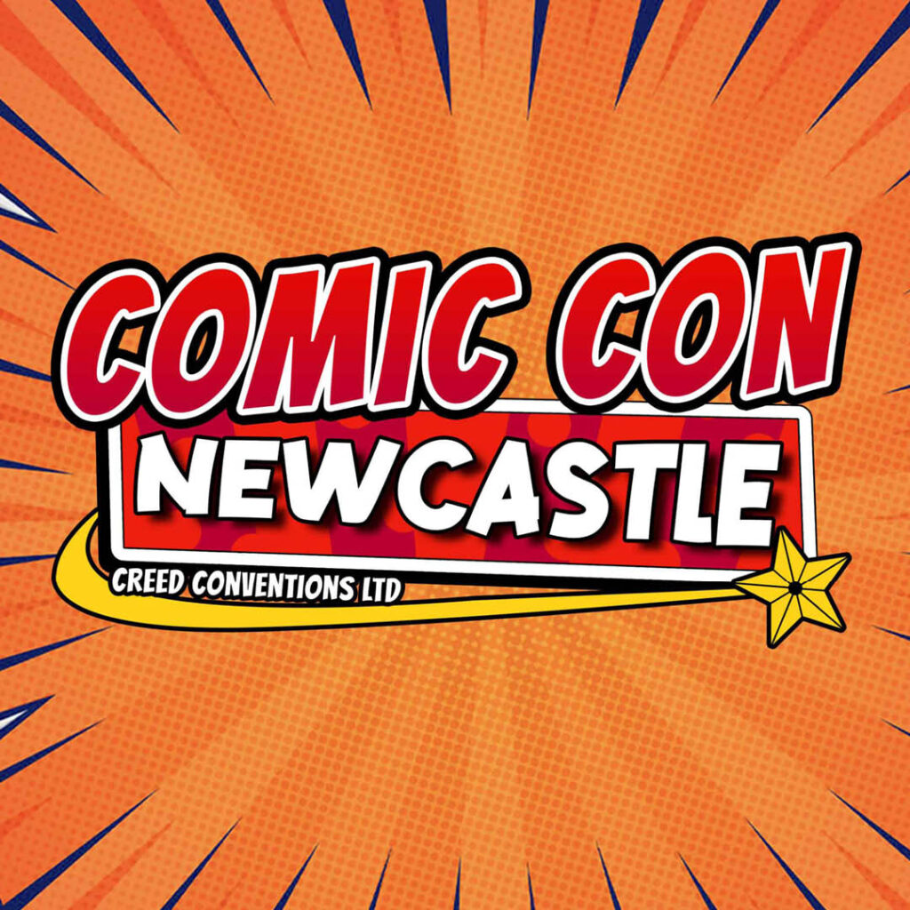 Orange pop art style background with bold red words that say: Comic Con Newcastle.