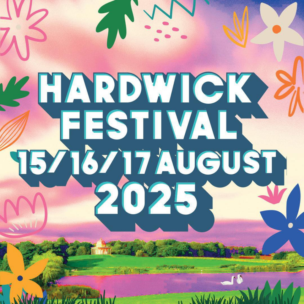 Green fields roll away into the distance against a pink cloudy sky. Colourful doodles are overlaid around the border of the image, while bold white and blue text says: Hardwick Festival, 15th, 16th, 17th August 2025.