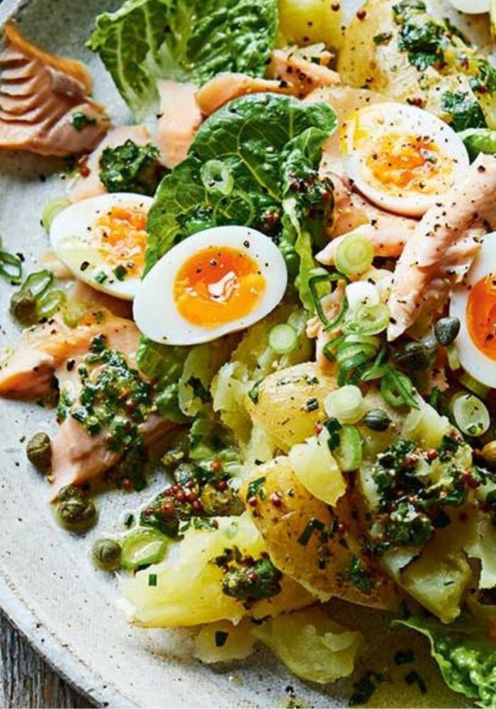 Warm Jersey Royal salad with hot-smoked trout and herby vinaigrette