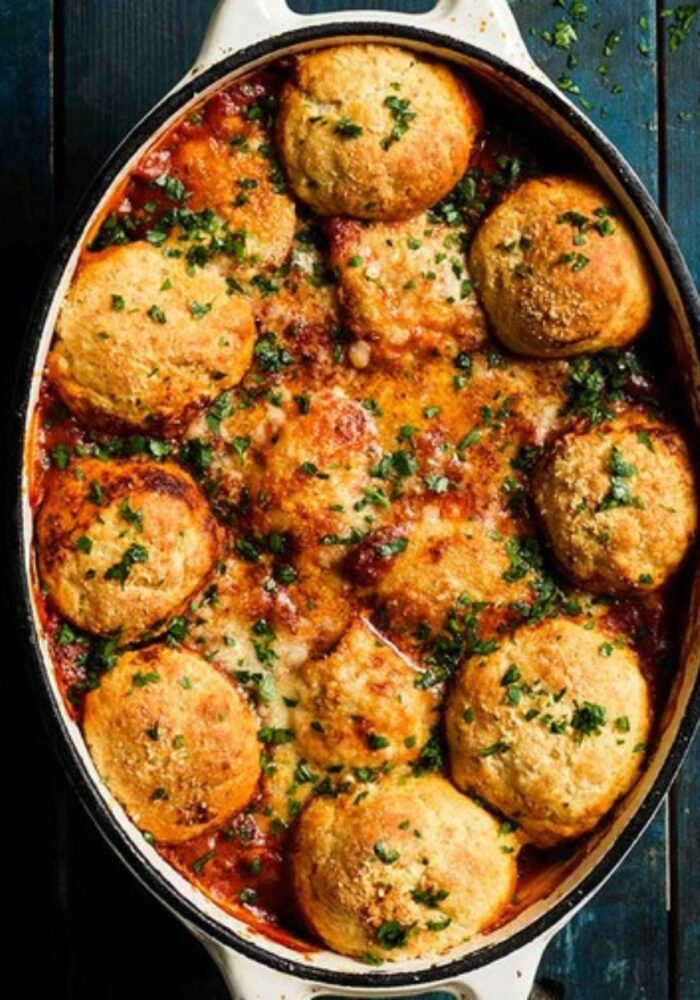 Pesto chicken stew with cheesy dumplings