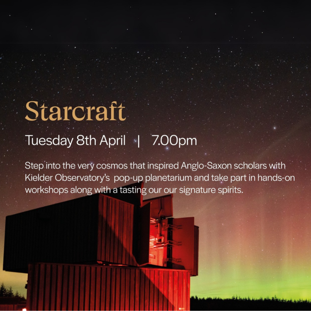 The wooden exterior of Kielder Observatory is illuminated in red light against a green and pink night sky. Overlaying text says: Star craft, Tuesday 8th April. It goes on to provide more details about the Star Craft event at Ad Gefrin.
