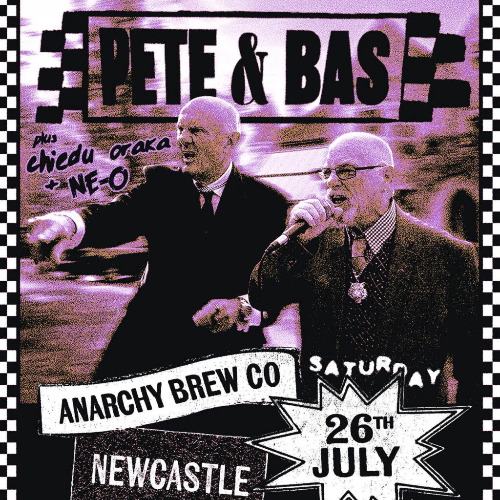 Two older bald men rap into a microphone and point scornfully at something in the distance. Above them in black, it says: Pete and Bas. Anarchy Brew Co.