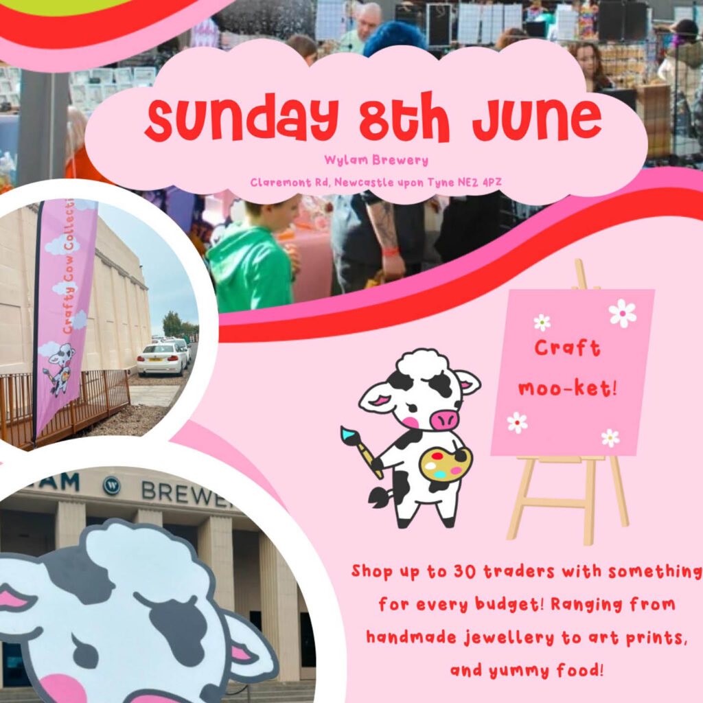 Pink poster featuring a cute cartoon cow painting the words 'Craft Mooket' on a pink easel.