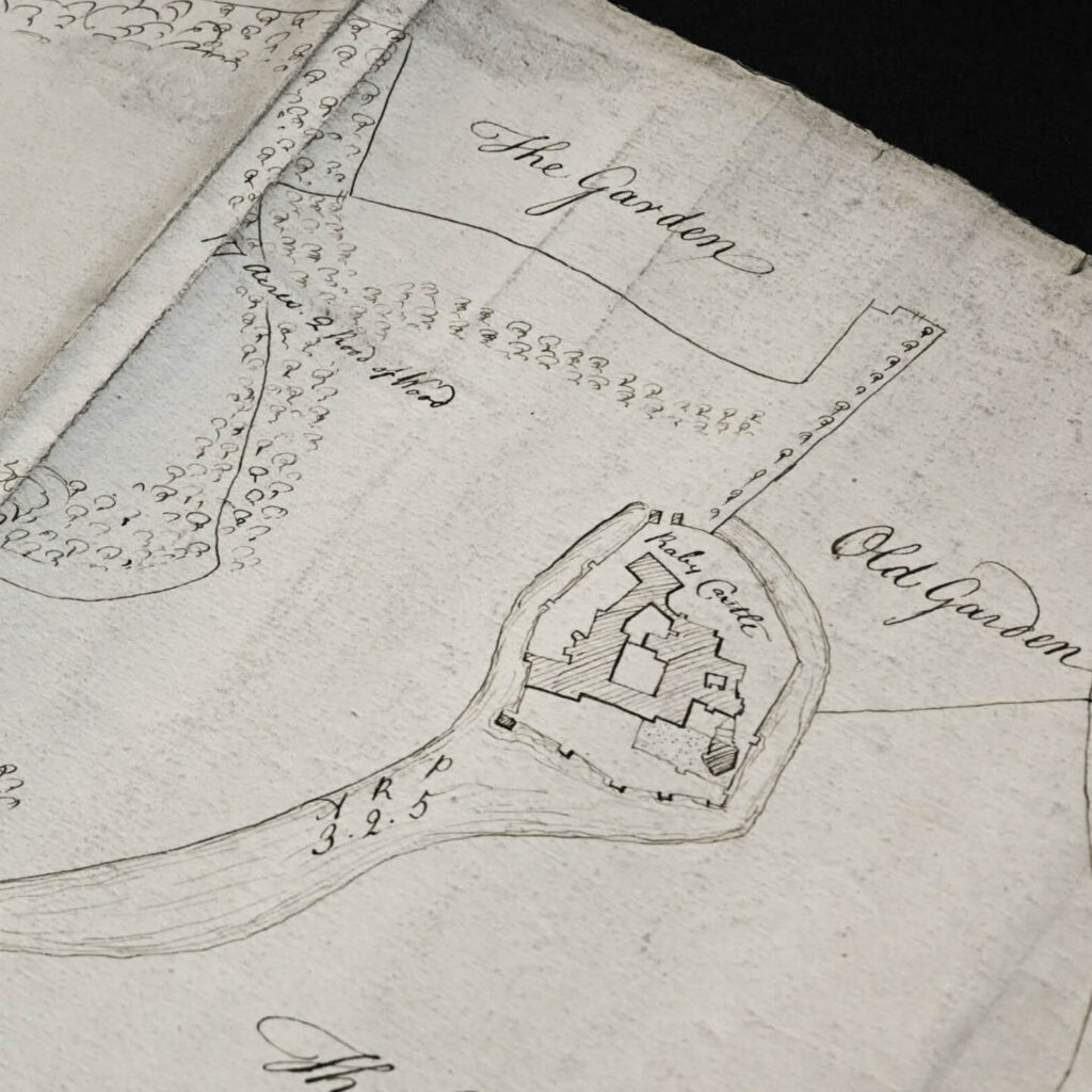 An old hand drawn map showing the gardens of Raby Castle on white parchment. It is one of the documents drawn up by Jeremiah Dixon - part of Raby Castle's Dixon Discoveries exhibition.