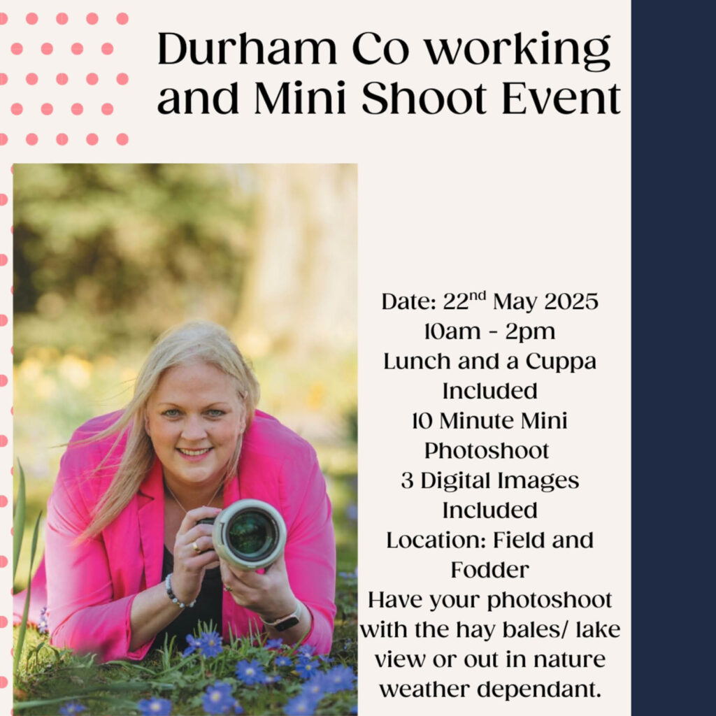 Sarah Johnson lies on her belly on the grass, holding her camera. She smiles at the camera. Text next to this image gives more details about her Durham Co working and mini shoot event.