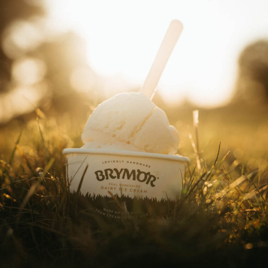 A scoop of vanilla ice cream in a tub sits in the grass as the sun goes down at Raby Castle.