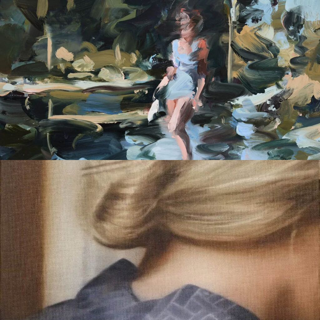 Two paintings, one by Laura Lancaster and the other by Rachel Lancaster. The top painting depicts a woman in a bathing suit in nature. It is painted using strokes of oil paints to give the piece a smudged quality. The bottom picture focuses on the back of a women's neck as she leans forward, her blonde hair pulled into a bun above the nape.