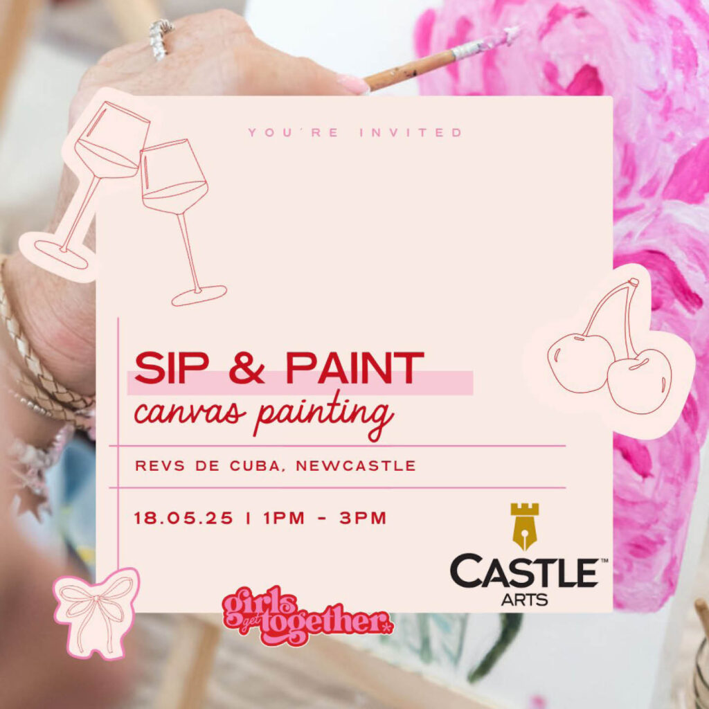 Red text on a pink background with wine glass and cherry doodles. The text says: Sip and Paint canvas painting. Revs de Cuba, Newcastle.