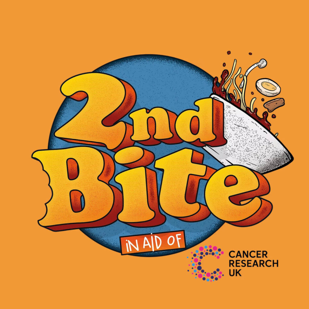 Blue circle overlaid with orange bubble text. It says: 2nd Bite, in aid of Cancer Research UK. An illustrated bowl of ramen tilts and splashes broth, egg and mushrooms.