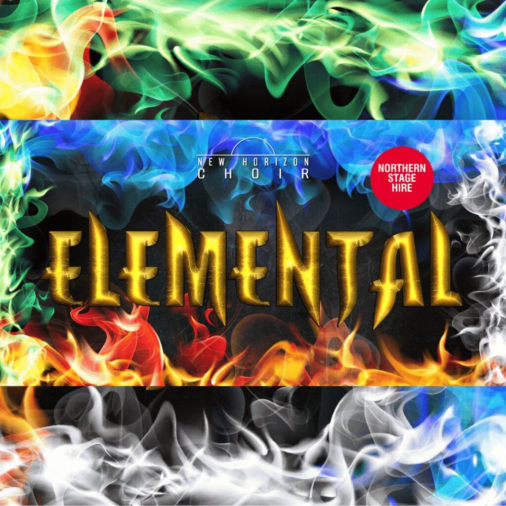Gold letters spell out the word Elemental. It is surrounded by green, blue, white and orange flames.