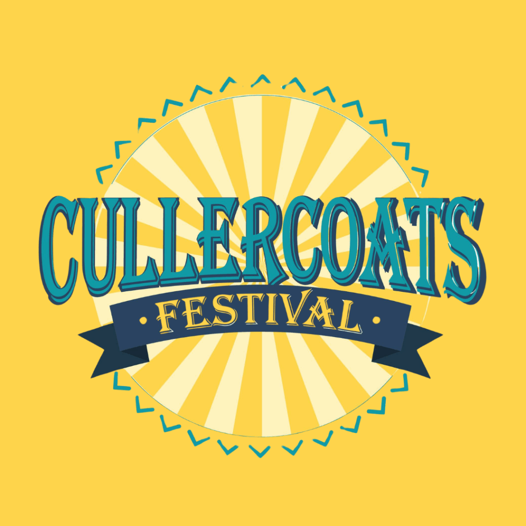 Cullercoats Festival logo against a bright yellow background.