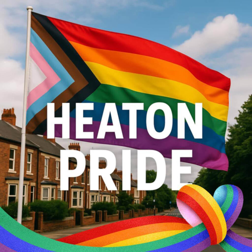 Brick houses on Heaton Road overload with a Pride flag and swirling rainbow banner. White text reads: Heaton Pride.