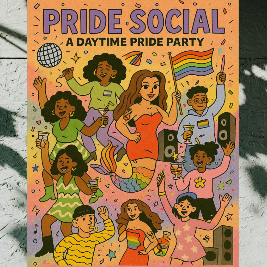 Colourful illustrations of people dancing and wearing Pride flags and costumes. Above them, purple text reads: Pride Social, a Daytime Pride Party.