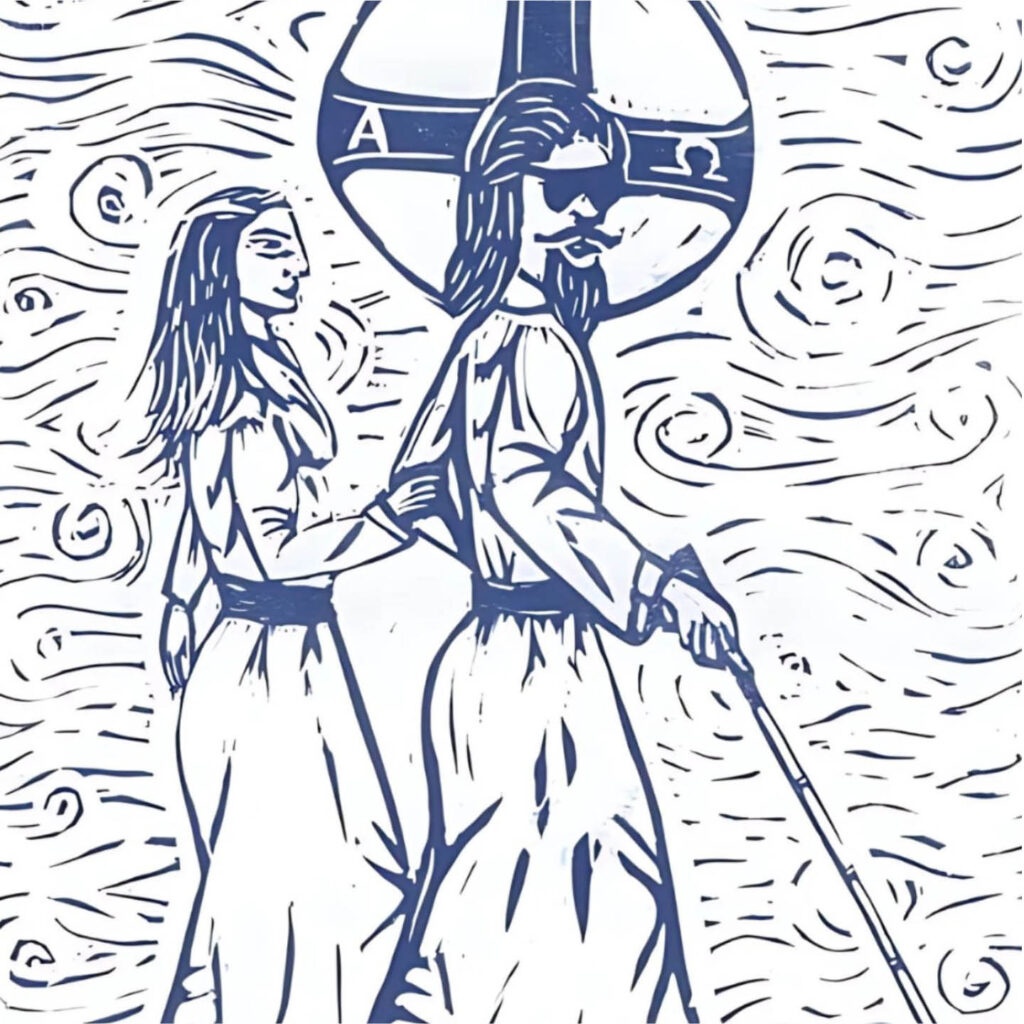 Blue and white print of a blind Christ leading a sighted disciple.