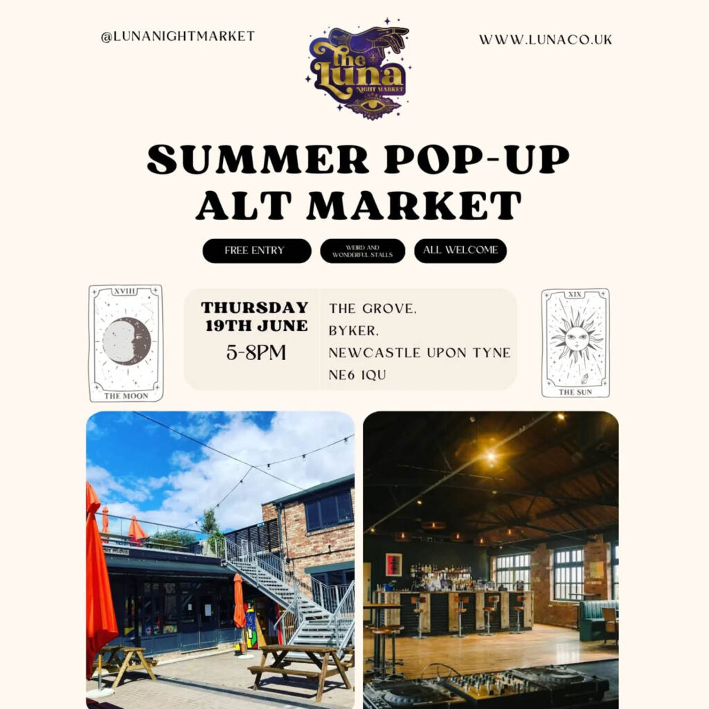 Black text against a pale pink background. It says: Summer Pop-up Alt Market, Thursday 19th June 5 to 8pm. Beneath it are two images of the indoor and outdoor areas of The Grove venue in Byker.