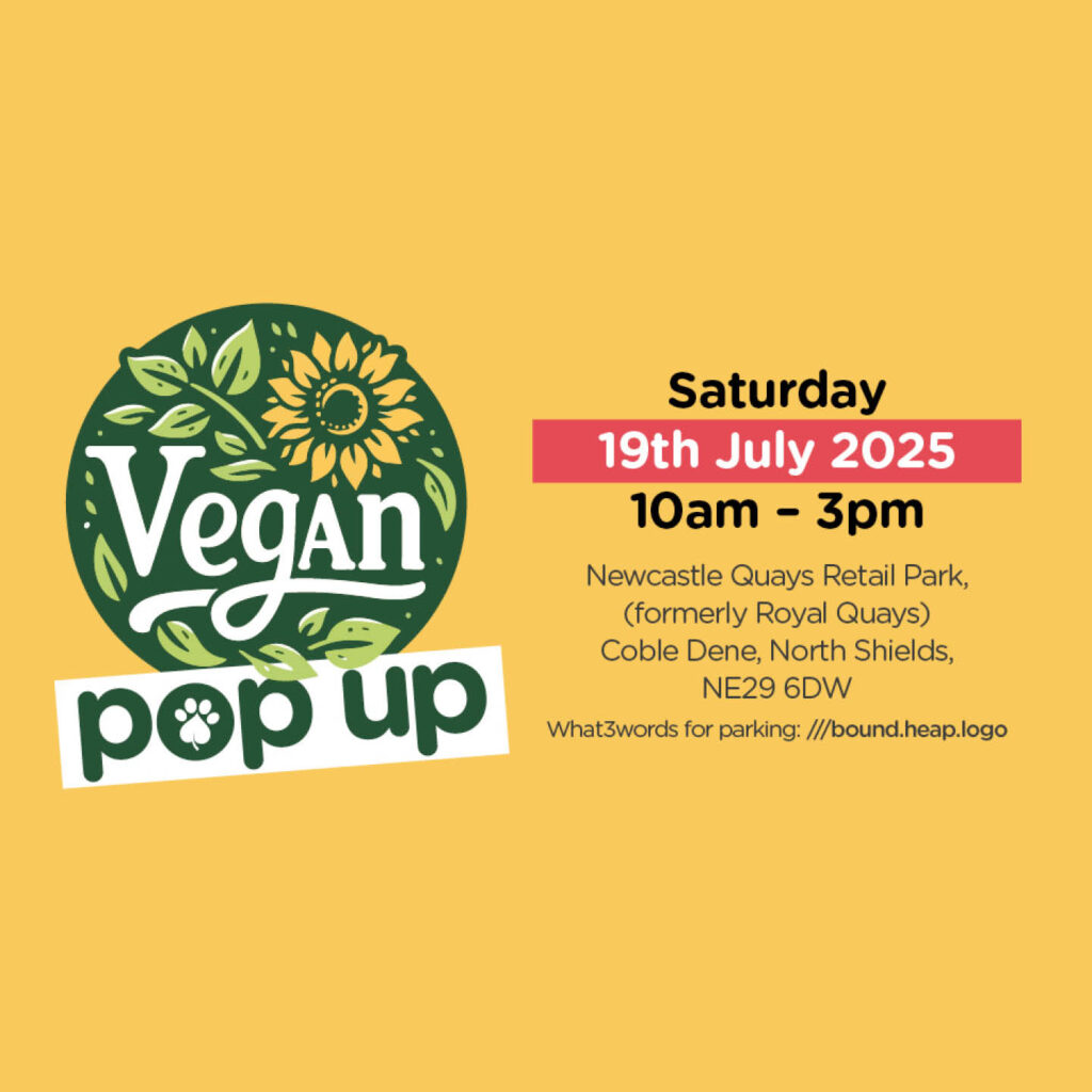 A circle of leaves and a sunflower sit behind the word Vegan. Below it, green text on a white banner reads Pop Up. The poster gives more details about the event at Newcastle Quays Retail Park.