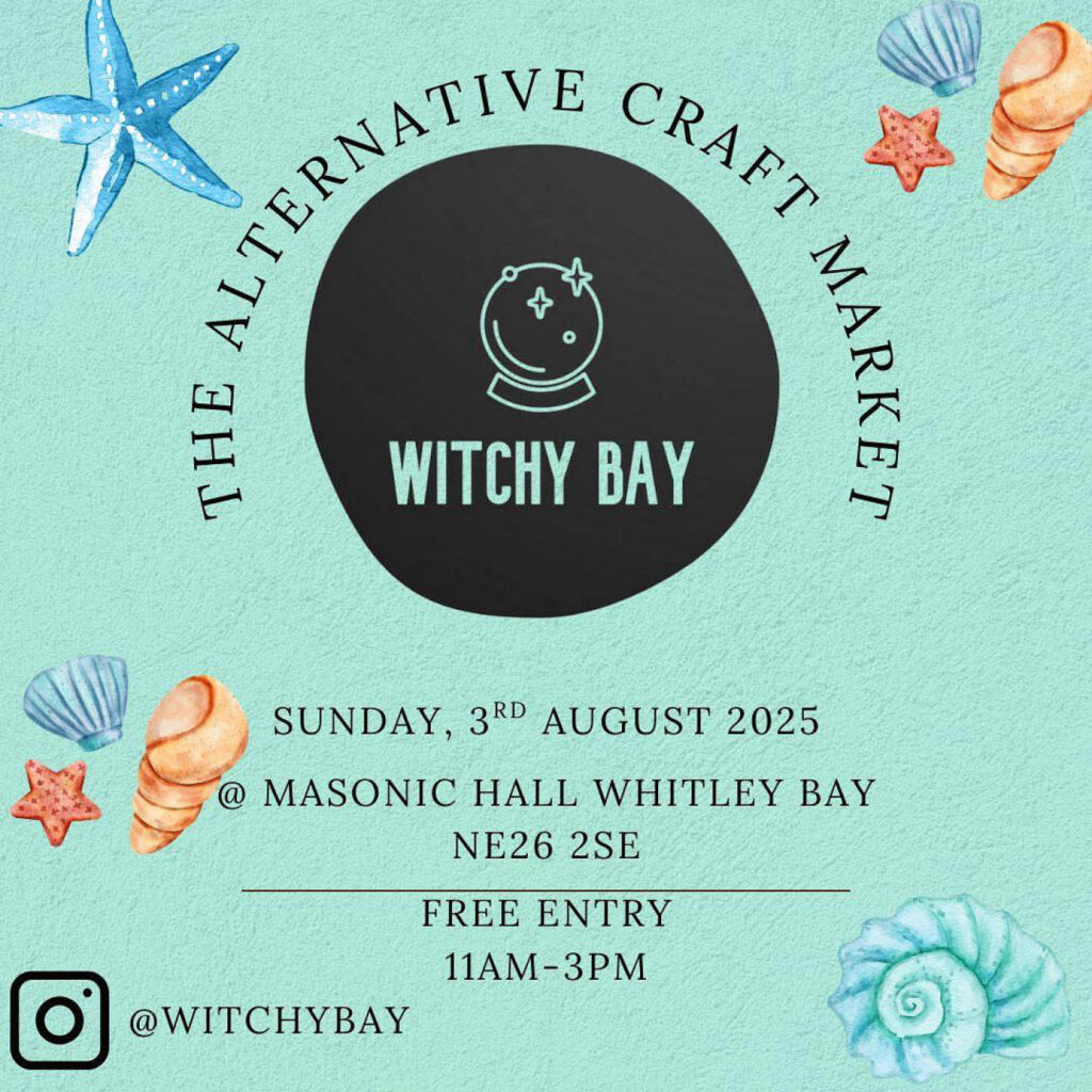 Blue background with pretty watercolour style shells decorating it. A large black circle displays an icon of a crystal ball and the words Witchy Bay. The poster gives details about the alternative craft market at Whitley Bay Masonic Hall.