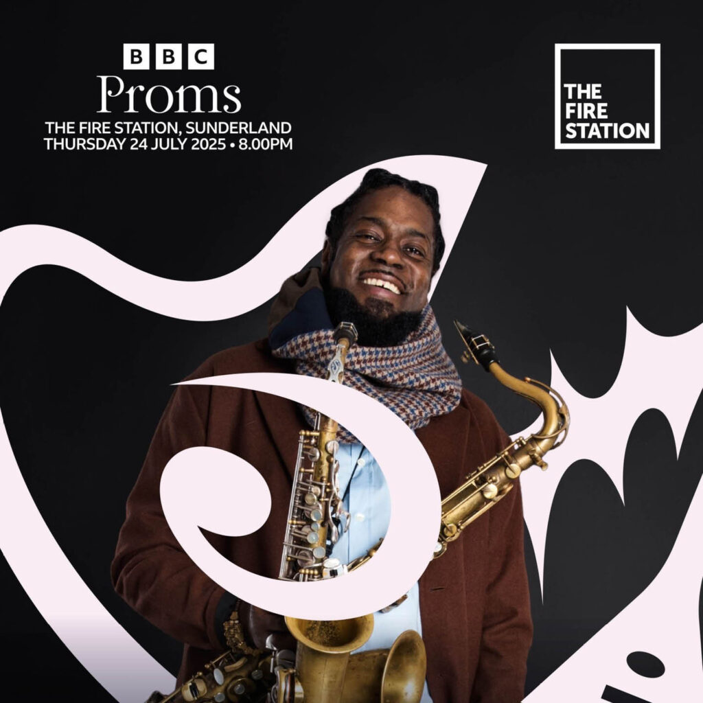 Presenter and musician Soweto Kinch smiles as he holds two saxophones. He is displayed against a black background with white swirling patterns. In the top right corner, white text says: BBC Proms, The Fire Station Sunderland, 24th July 2025, 8pm.
